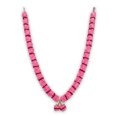 Handmade Pink & Maroon Ribbon Mala – Satin Flower Pooja Garland with Gold Bead Accents, 22 Inch