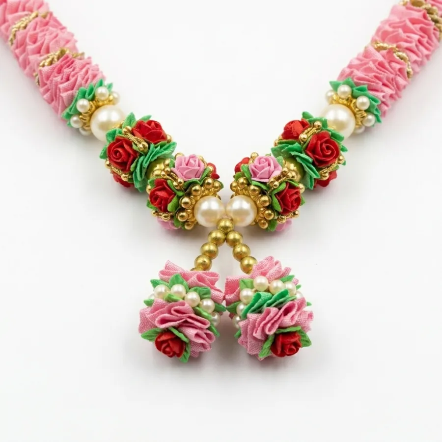Handmade Pink Ribbon & Rose Mala – Ivory Tufted Pooja Garland with Pearl Accents, 22 Inch