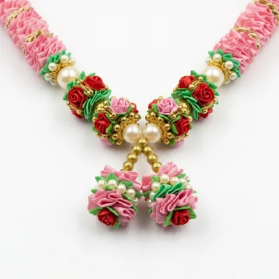 Handmade Pink Ribbon & Rose Mala – Ivory Tufted Pooja Garland with Pearl Accents, 22 Inch