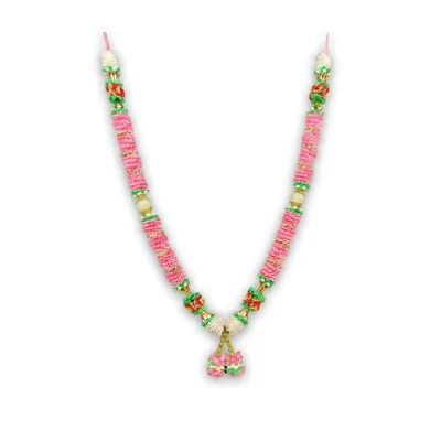 Handmade Pink Ribbon & Rose Mala – Ivory Tufted Pooja Garland with Pearl Accents, 22 Inch