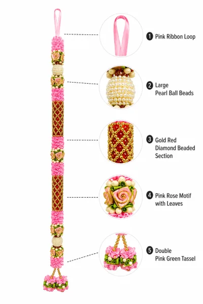 Handmade Pink Rose Mala with Gold-Red Beaded Sections & Pearl Balls – Premium Pooja Garland, 22 Inch