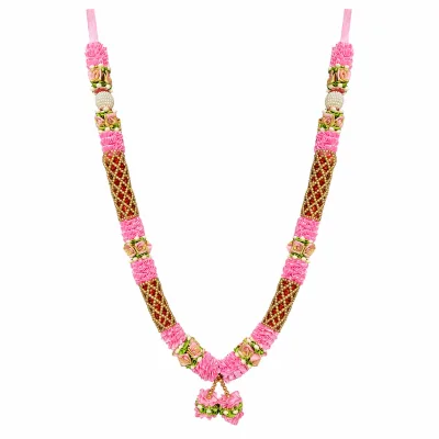 Handmade Pink Rose Mala with Gold-Red Beaded Sections & Pearl Balls – Premium Pooja Garland, 22 Inch