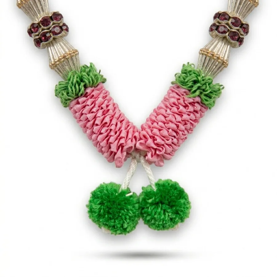 Handmade Pink Ribbon Mala with Gold Cone Beads & Green Tufts – Pooja Garland, 22 Inch