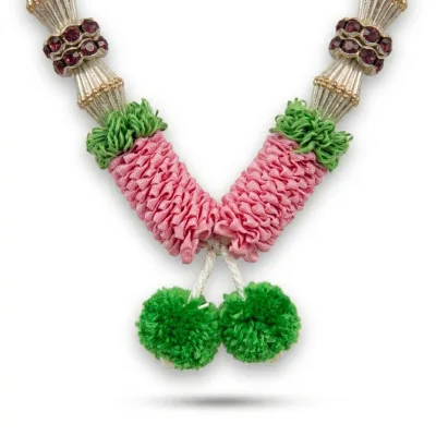 Handmade Pink Ribbon Mala with Gold Cone Beads & Green Tufts – Pooja Garland, 22 Inch