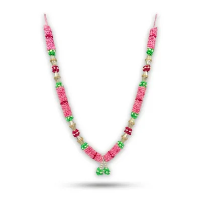 Handmade Pink Ribbon Mala with Gold Cone Beads & Green Tufts – Pooja Garland, 22 Inch
