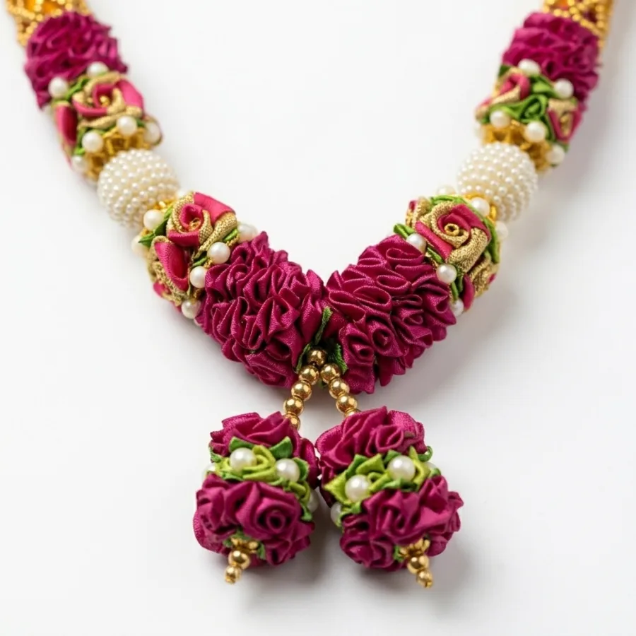 Handmade Magenta Ribbon Mala with Gold-Orange Beaded Sections & Pearl Balls – Premium Pooja Garland, 22 Inch