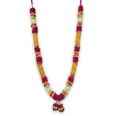 Handmade Magenta Ribbon Mala with Gold-Orange Beaded Sections & Pearl Balls – Premium Pooja Garland, 22 Inch