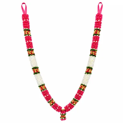 Handmade Pink & Ivory Ribbon Mala – Gold Rose Motif Pooja Garland with Pearl Accents, 22 Inch