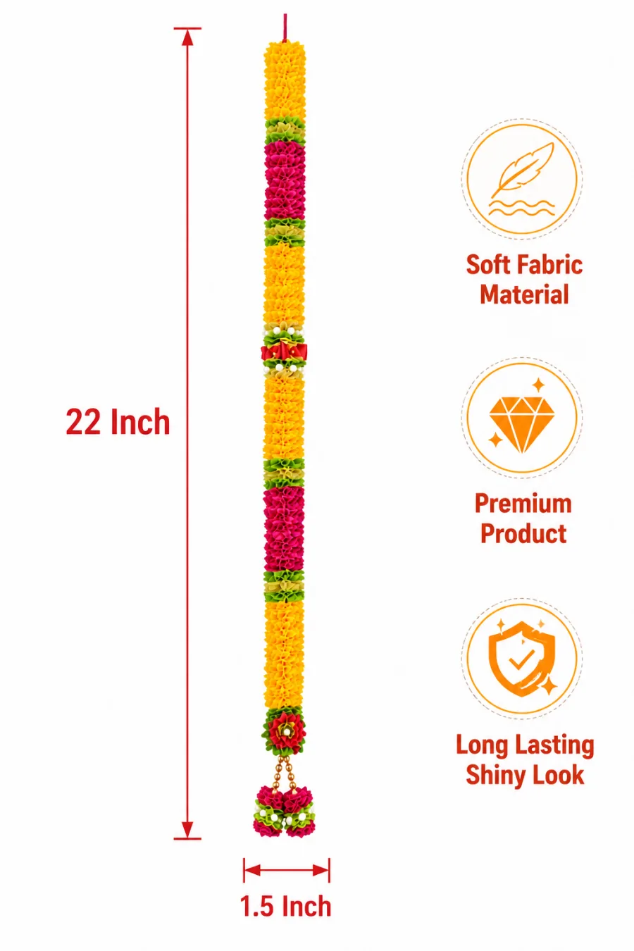 Handmade Marigold Yellow & Pink Ribbon Mala – Red Rose Bow Pooja Garland with Pearl Accents, 22 Inch