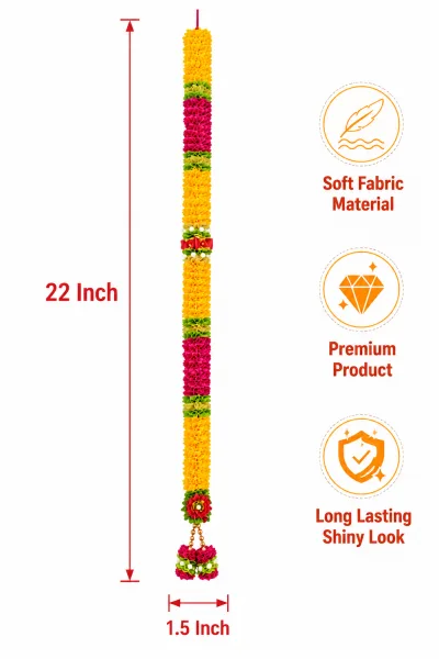 Handmade Marigold Yellow & Pink Ribbon Mala – Red Rose Bow Pooja Garland with Pearl Accents, 22 Inch