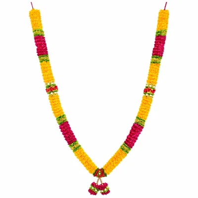 Handmade Marigold Yellow & Pink Ribbon Mala – Red Rose Bow Pooja Garland with Pearl Accents, 22 Inch