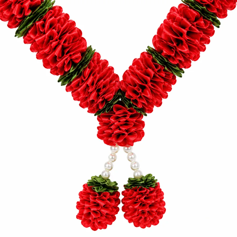 Handmade Red Ribbon Rosette Mala – Green Leaf Divider Pooja Garland with Pearl Tassel, 22 Inch