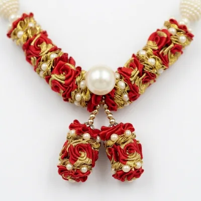 Handmade Red & Gold Rose Bud Mala – Pearl Beaded Premium Pooja Garland, 22 Inch