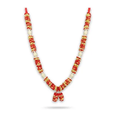 Handmade Red & Gold Rose Bud Mala – Pearl Beaded Premium Pooja Garland, 22 Inch