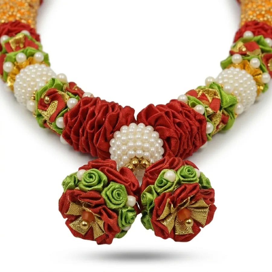 Handmade Red & Orange Beaded Mala with Rose Motifs & Pearl Balls – Premium Pooja Garland, 22 Inch