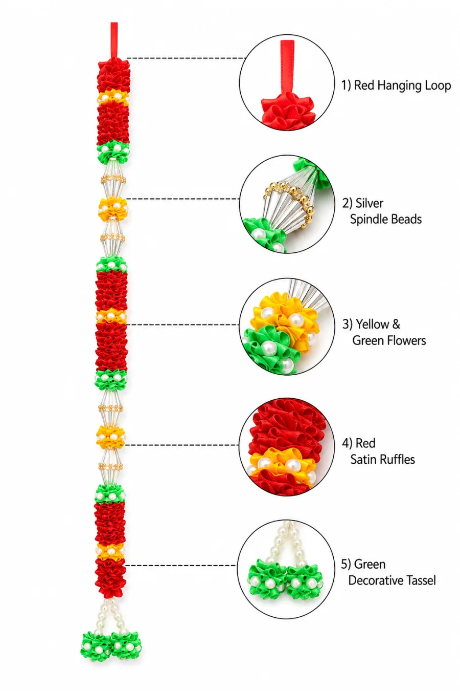 Handmade Tricolor Ribbon Mala – Red, Yellow & Green with Silver Spindle Beads, Pooja Garland, 22 Inch