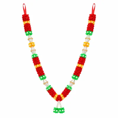 Handmade Tricolor Ribbon Mala – Red, Yellow & Green with Silver Spindle Beads, Pooja Garland, 22 Inch