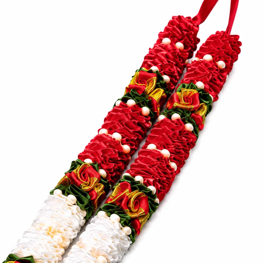 Red White Satin Ribbon Mala 22 Inch Handmade Garland for Pooja Mandir Photo Frame Decoration