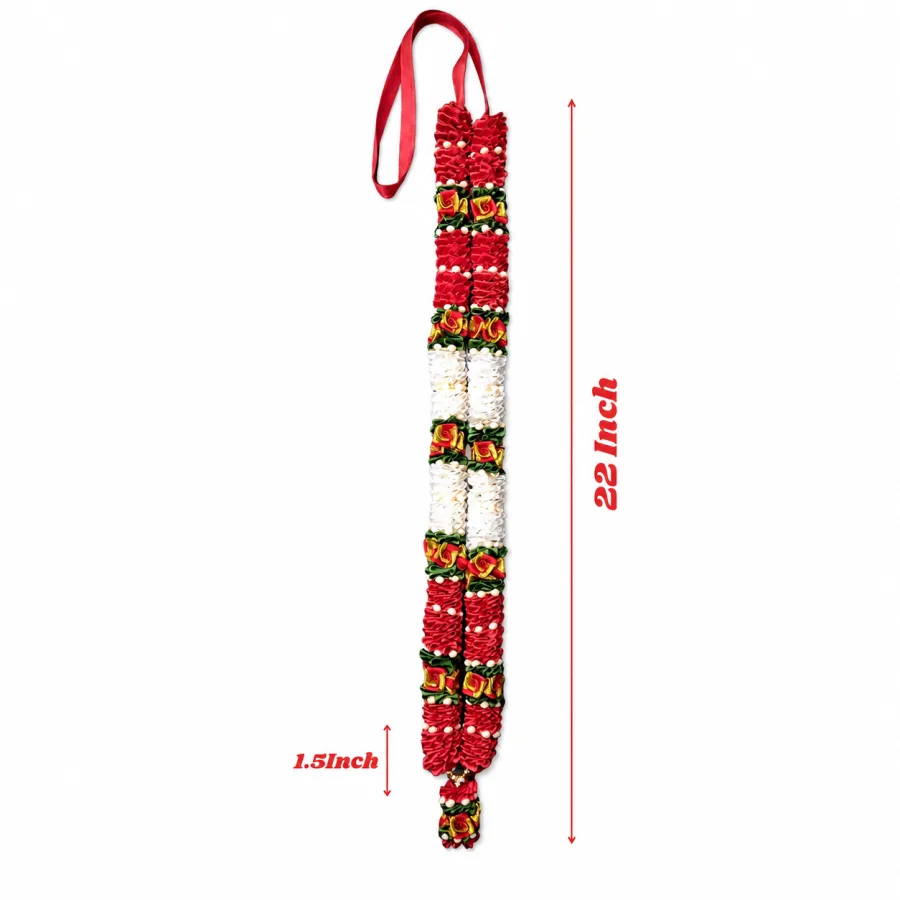Red White Satin Ribbon Mala 22 Inch Handmade Garland for Pooja Mandir Photo Frame Decoration