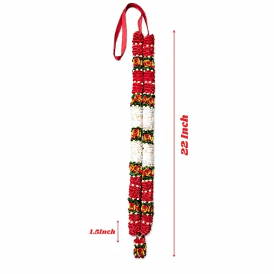 Red White Satin Ribbon Mala 22 Inch Handmade Garland for Pooja Mandir Photo Frame Decoration