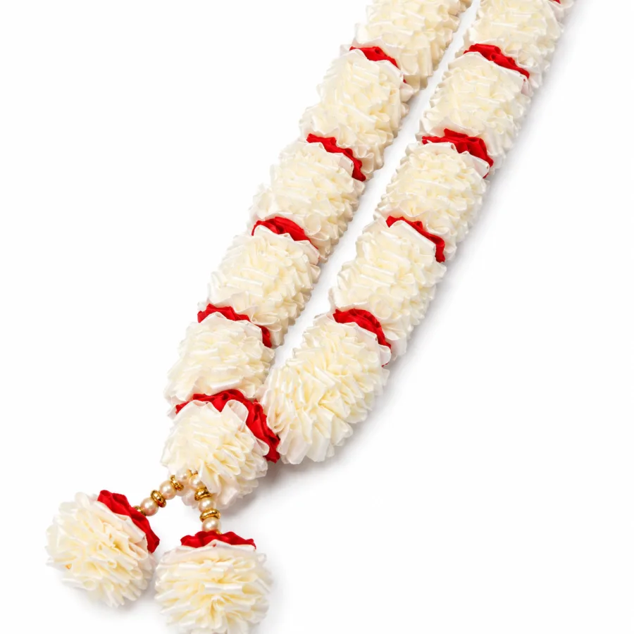 White Red Satin Ribbon Mala 22 Inch Handmade Garland for Pooja Mandir Photo Frame