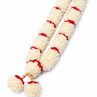 White Red Satin Ribbon Mala 22 Inch Handmade Garland for Pooja Mandir Photo Frame
