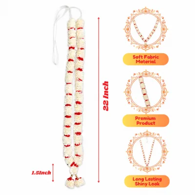 White Red Satin Ribbon Mala 22 Inch Handmade Garland for Pooja Mandir Photo Frame