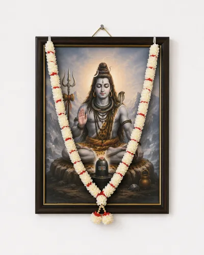 White Red Satin Ribbon Mala 22 Inch Handmade Garland for Pooja Mandir Photo Frame