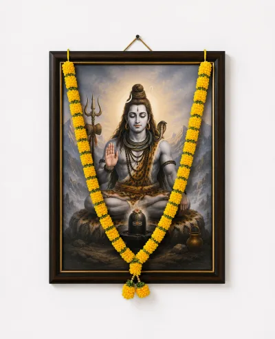 Yellow Green Satin Ribbon Mala 22 Inch Handmade Garland for Pooja Mandir Photo Frame Decoration