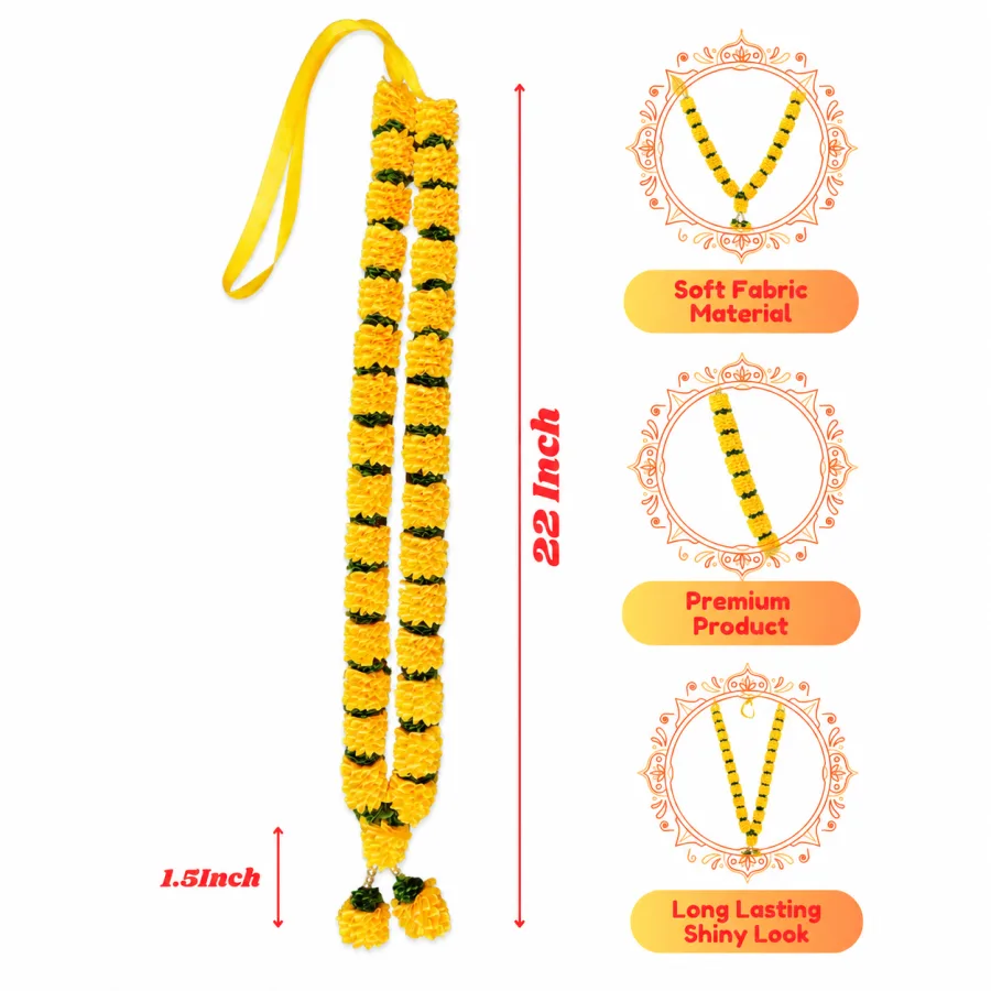 Yellow Green Satin Ribbon Mala 22 Inch Handmade Garland for Pooja Mandir Photo Frame Decoration