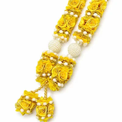 Yellow Satin Ribbon Mala 22 Inch Handmade Rose Garland with Pearl Beads for Pooja Mandir Photo Frame Decoration