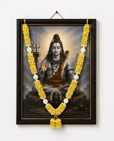 Yellow Satin Ribbon Mala 22 Inch Handmade Rose Garland with Pearl Beads for Pooja Mandir Photo Frame Decoration