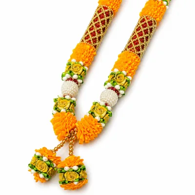 Orange Satin Ribbon Mala 22 Inch Handmade Garland with Beaded Panels for Pooja Mandir Photo Frame Decoration