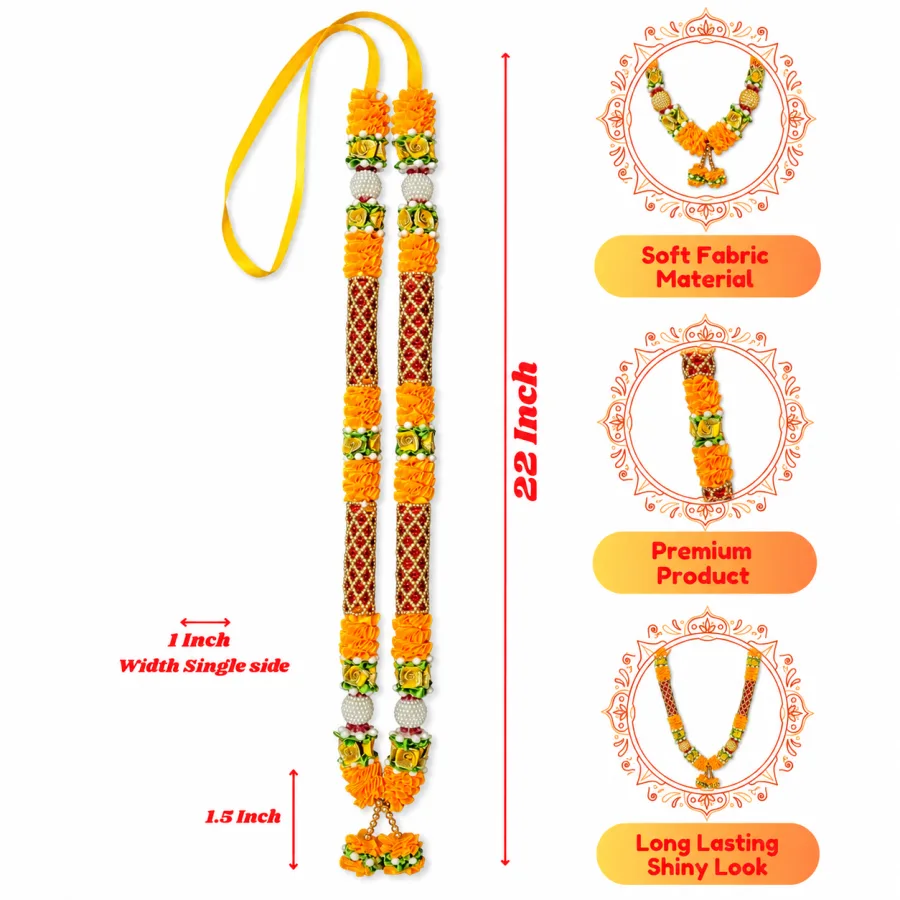 Orange Satin Ribbon Mala 22 Inch Handmade Garland with Beaded Panels for Pooja Mandir Photo Frame Decoration
