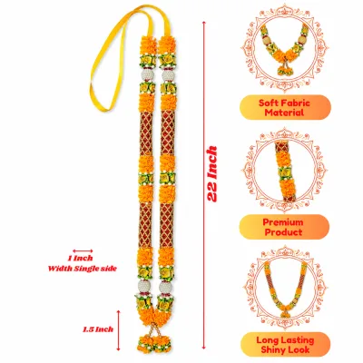 Orange Satin Ribbon Mala 22 Inch Handmade Garland with Beaded Panels for Pooja Mandir Photo Frame Decoration