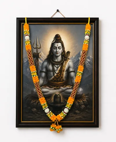 Orange Satin Ribbon Mala 22 Inch Handmade Garland with Beaded Panels for Pooja Mandir Photo Frame Decoration