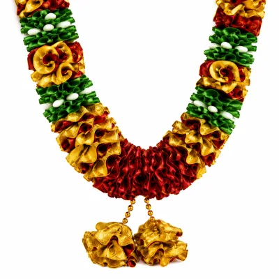 Maroon Yellow Green Satin Ribbon Mala 26 Inch Handmade Garland for Pooja Mandir Photo Frame Decoration