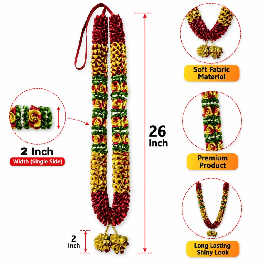 Maroon Yellow Green Satin Ribbon Mala 26 Inch Handmade Garland for Pooja Mandir Photo Frame Decoration