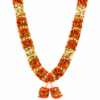 Orange Cream Satin Ribbon Mala 26 Inch Handmade Rose Garland for Pooja Mandir Photo Frame Decoration