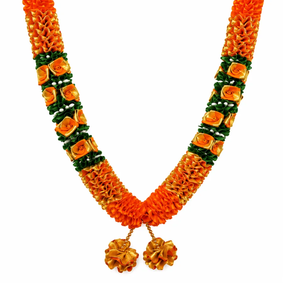 Orange Gold Green Satin Ribbon Mala 26 Inch Handmade Garland for Pooja Mandir Photo Frame Decoration