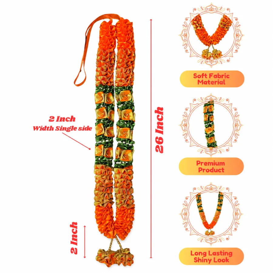 Orange Gold Green Satin Ribbon Mala 26 Inch Handmade Garland for Pooja Mandir Photo Frame Decoration