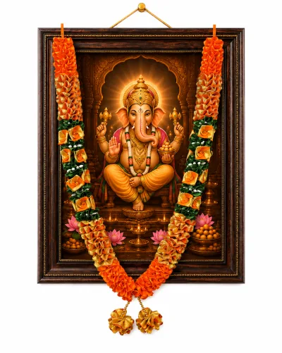 Orange Gold Green Satin Ribbon Mala 26 Inch Handmade Garland for Pooja Mandir Photo Frame Decoration