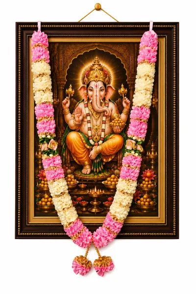 Pink Cream Satin Ribbon Mala 26 Inch Handmade Garland for Pooja Mandir Photo Frame Decoration
