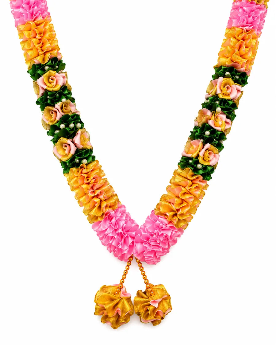 Pink Yellow Green Satin Ribbon Mala 26 Inch Handmade Rose Garland for Pooja Mandir