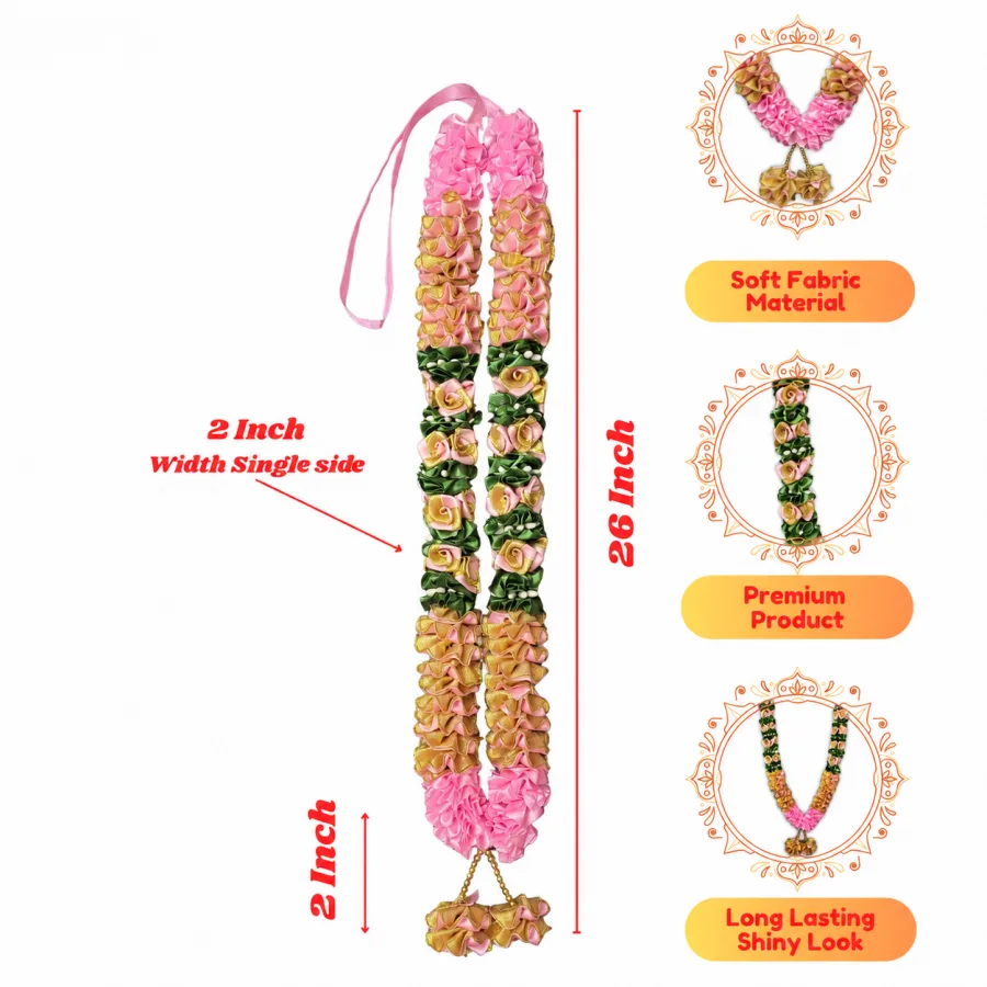 Pink Yellow Green Satin Ribbon Mala 26 Inch Handmade Rose Garland for Pooja Mandir