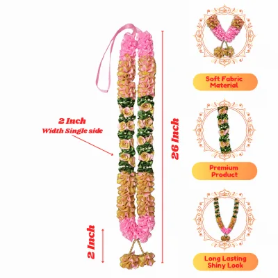 Pink Yellow Green Satin Ribbon Mala 26 Inch Handmade Rose Garland for Pooja Mandir