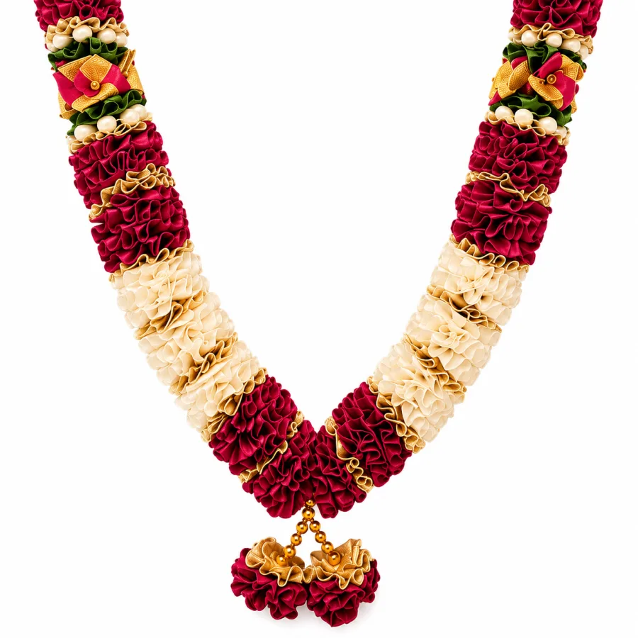 Rani Pink Cream Satin Ribbon Mala 26 Inch Handmade Garland for Pooja Mandir Photo Frame Decoration