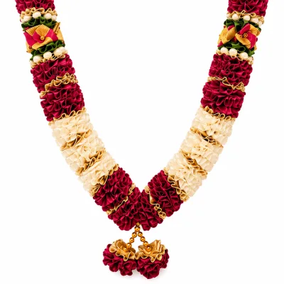 Rani Pink Cream Satin Ribbon Mala 26 Inch Handmade Garland for Pooja Mandir Photo Frame Decoration