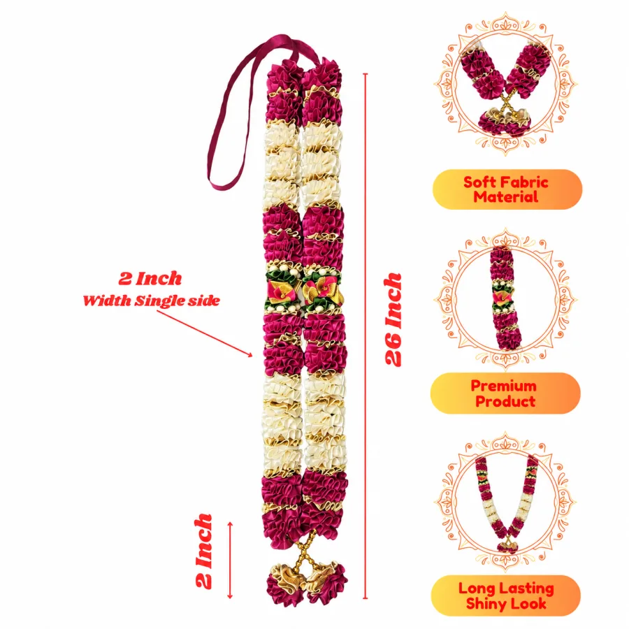 Rani Pink Cream Satin Ribbon Mala 26 Inch Handmade Garland for Pooja Mandir Photo Frame Decoration