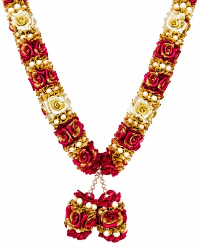 Rani Pink Gold Satin Ribbon Mala 26 Inch Handmade Rose Garland with Pearl Beads for Pooja Mandir Photo Frame Decoration